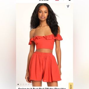 Lulu’s Spring to It Rust Red Off-the-Shoulder Two-Piece Romper